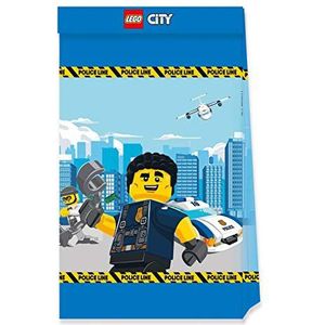 Procos 92249 - feestzakjes, Lego City, 4 stuks, FSC® Mix, papieren zakjes, cadeautje, politiemotief, verjaardag, themafeest