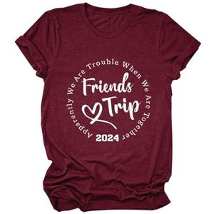 MLZHAN We are Trouble When Friends Trip 2024 Tees Shirts Dames Grappige Grafische Tops Zomer Crewneck Korte Mouw Casual T-shirt, Wijn Rood, XL