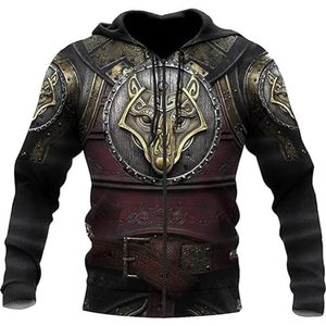 Celtic Wolf Tattoo Sweatshirt, Scandinavische 3D Digitale Print Warrior Armor Herfst Harajuku Casual Ritsjack, Herensweater met Trekkoord en Grote Zak met Capuchon(Color:B Zip Hoodie,Size:XXL)