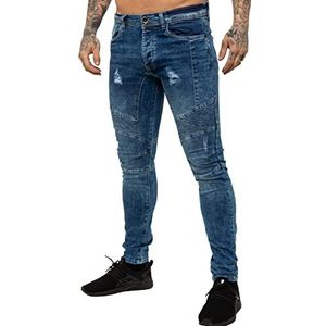 Enzo Mens Super Skinny Fit Jeans Stretch Ripped Biker Denim Broek Alle Taille Benen, Zwart zuur, 32W / 32L