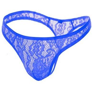 Men's Transparent Thong Lace Jockstraps Thong G String Bulge Pouch S-4XL(Blue,4XL)
