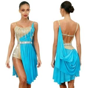Latijns-Amerikaanse Dansjurk Met Strass-steentjes, Gepersonaliseerde Danskleding, Mouwloze, Rugloze Balzaalwedstrijdjurk(Blue A,XL)