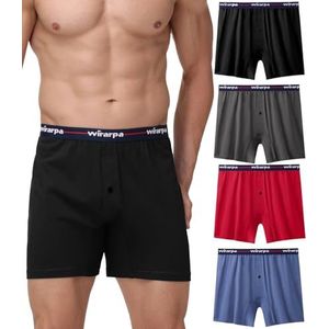 wirarpa Boxershorts voor heren, 100% katoen, met knoopsluiting (4 stuks), zwart/grijs/rood/blauw, L