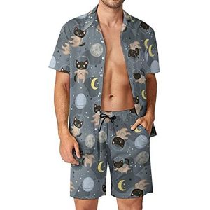 Leuke katten astronauten mannen Hawaiiaanse bijpassende set 2-delige outfits button down shirts en shorts voor strandvakantie