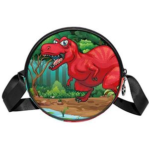 Messenger Bag Rode Dinosaurus Wandelen in de Jungle Crossbody Tas voor Vrouwen Rond, Meerkleurig, 6.7x6.7x2.3 in, Sling Rugzakken