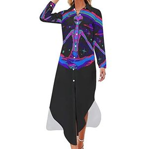 Yoga Alien Maxi-jurk voor dames, lange mouwen, knoopjurk, casual feestjurk, lange jurk, L