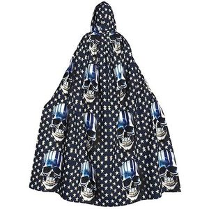 Bxzpzplj Blauwe streep sterren schedel capuchon mantel voor mannen en vrouwen, volledige lengte Halloween maskerade cape kostuum, 185 cm