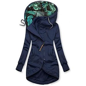 Warme hoodie voor dames, lang patchwork, modieus, losse opstaande kraag, capuchon, middellange ritssluiting, gebreide trui, vintage, lange mouwen, rits, mantel, sweatshirt voor herfst en winter, marineblauw, Large,