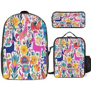 YKUDBN Leuke lunchtas rugzakken combo set, Mexicaanse Otomi dieren print rugzakken voor reizen, volwassen lunchtas, 3-in-1 rugzak combo set, Mexicaanse Otomi-dieren, één maat, Mexicaanse Otomi Dieren,