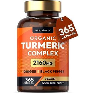 Biologische Kurkuma Capsules 2160mg | 6 Maanden - 365 Veganistische Stk | Bio kurkuma Extract met zwarte Peper en Gember | Curcumine supplement | Horbaach