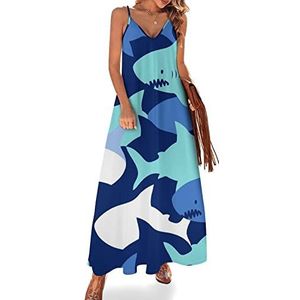 Como Shark Maxi-jurk voor dames, V-hals, casual, mouwloos, verstelbare bandjes, sexy lange jurk