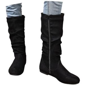 Platte Hoge Laarzen for Dames Retro Middeleeuwse Laarzen Met Lange Schacht Suède Rijlaarzen Met Rits Aan De Zijkant Grote Maten Winterschoenen for Cosplay/Feesten(Black,42 EU)