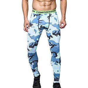 Compressiebroek voor heren, sportlegging, stretch, sneldrogend, hardloopbroek, baselayer leggings, trainingsbroek, sportbroek voor fitness, fietsen, yoga, wandelen, basketbal, camouflageblauw, L