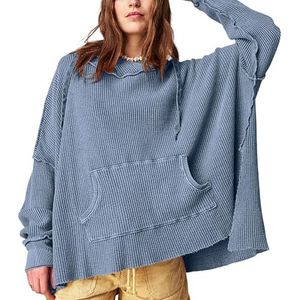 Oversized Hoodies Voor Vrouwen Effen Kleur Wafel Breisel Trui Casual Lange Mouw Capuchon Sweatshirt Met Zakken(Blue,M)