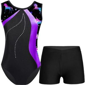 TIYGHI Turnpakje voor kinderen, meisjes, mouwloos, patchwork, bedrukt, turnpakje, met shorts, training, schaatsen, overall, danskleding, ballet, training, kostuum, Mauve, 14