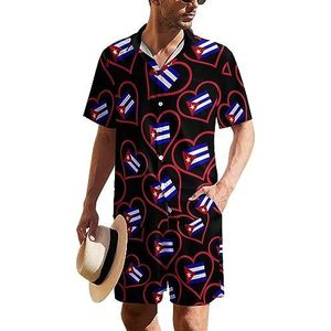 I Love Cuba Red Heart Hawaiiaanse pak voor heren, 2-delige strandoutfit, shirt en korte broek, bijpassende set