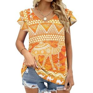 Camels And Etnische Motieven Grafische Blouse Top Voor Vrouwen V-hals Tuniek Top Korte Mouw Volant T-shirt Grappig