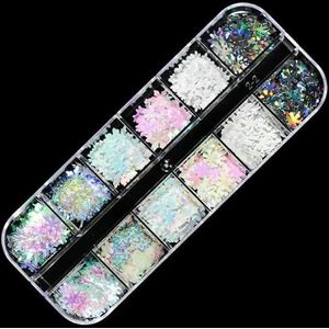 Holografische zoete liefdeshartnagelkunst met glitterpailletten, glanzende laserfluorescentie, ster, vlinder, 3D-nageldecoraties, accessoires - 12XHS-01