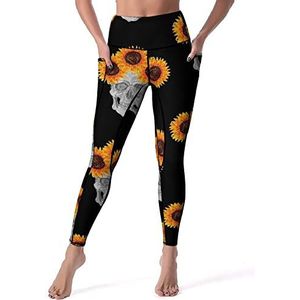 Skull Zonnebloemen Yogabroek voor dames, hoge taille, buikcontrole, workout, hardlopen, leggings, L