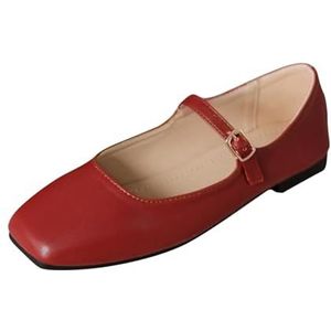 Women's Mary Jane Shoes Comfortable Square Toe Flats Buckle Strap Ballet Flats Comfortable Leather Dress Shoes (Color : Red, Size : 37.5 EU)