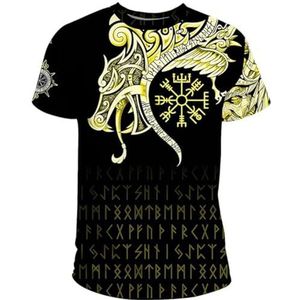 Noorse Mythologie Keltische Draak T-shirt – Unisex Viking Vegvisir 3D Rune Tattoo Print Casual Harajuku Korte Mouw – Zomer Sneldrogende, Ademende Top met Ronde Hals (Color : A yellow, Size : XL)