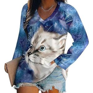 Aquarel Galaxy Cat vrouwen casual T-shirts met lange mouwen V-hals bedrukte grafische blouses T-shirt tops M