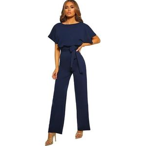 Haibang Jumpsuit voor dames, elegant, ronde hals, eendelig, eendelig en zomer-romper, lange rompers met wijde pijpen, met riem, ceremonie, cocktail, overall, casual, playsuit, modieuze rompers, Navy