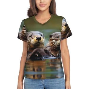 DYINGZL Otters Print Dames Shirts - Dressy Casual Korte Mouw Trui, Losse Fit V-hals Zomer Tops, Zwart, XL