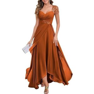 KIYNE Damesjurk met kapmouwen en V-hals, chiffon, moeder van de bruid, lange geplooide ruches formele avondjurk, Verbrand Oranje, 32