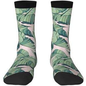Groene palmboom bladeren roze comfortabele halfhoge sokken voor mannen en vrouwen - Modieuze volwassen sokken, verhoog je stijl., Green Palm Tree Bladeren Roze, Eén Maat
