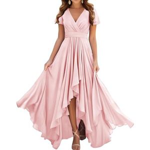 Prinses Bruidsmeisjes Jurken Flutter Mouw Galajurken Chiffon Formele Avondfeest Maxi Jurk met Split ZM209, Blush Roze, 32