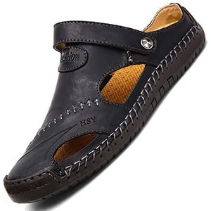 LOOMLO Heren lederen sandalen - Heren Casual gesloten teen lederen handgemaakte sandalen - lederen klassieke sandalen slipper buiten (kleur: zwart, maat: 42)