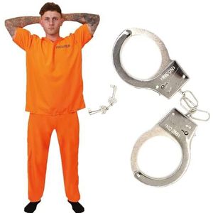 Volwassenen unisex gevangenen kostuum met manchetten - medium - oranje gevangene top, bijpassende oranje broek, prop handboeien - politie en rovers, Halloween verkleedjurk
