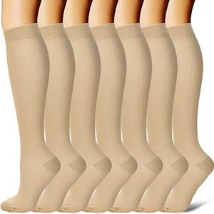 Gcbiger Compressiekousen voor dames en heren, 7 paar, circulatie, 15-20 mmHg, beste ondersteuning voor atletiek, verpleegkundige, medische en hardlopen, Beige, Small-Medium