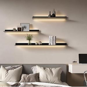 XLDZ Zwevende planken met LED-verlichting, set van 2 metalen wandplanken met ingebouwd verlicht LED-licht, hangend displayrek voor woonkamer keuken badkamer (zwart, 150 cm/59)