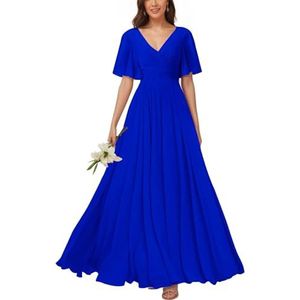 KURFACE Bruidsmeisjesjurken met V-hals en mouwen voor dames, geplooid, chiffon, bruidsmeisje, vloerlengte, formele feestjurk, koningsblauw, 34