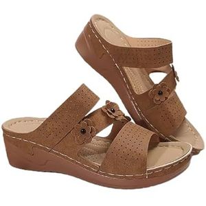 Orthopedische Sandalen for Dames Met Bloemen Vintage Sleehakpantoffels Zomer PU-leren Pantoffels Peep Toe Slippers 2024 Nieuwe Platformslippers Vrije Tijd Bohemen Strandschoenen (Color : Brown, Size