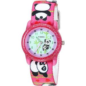Timex Kid's analoge 28 mm elastische stoffen band horloge cadeauset, Roze/Panda's, onbezorgd