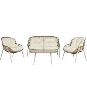 Home ESPRIT Placemat met 3 stoelen, wit, zwart, beige, metaal, glas, polyrotan, 130 x 76 x 83 cm