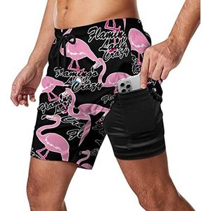 Crazy Flamingo Lady Zwembroek voor heren, sneldrogend, 2-in-1, strandsportshorts met compressieliner en zak