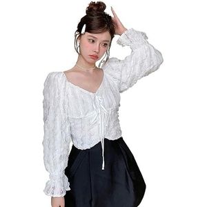 dames topjes Effen blouse met gestrikte voorkant en uitlopende mouwen - Casual Sweetheart halslijn, gesmokte top (Color : Wei�, Size : XL)