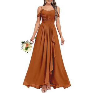 HPPEE Dames V-hals koude schouder bruidsmeisjes jurken met split ruches chiffon formele avondjurk, Verbrand Oranje, 32