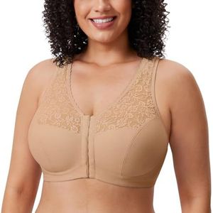 DELIMIRA Dames volledig dekkende beha Met Voorsluiting Racerback Plus Maat Volledige Dekking Draadloze Bh comfortabele Lace Bh's Taupe 100B