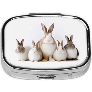 Stijlvolle vierkante pillendoos wit konijn metalen pillendoos 2 compartimenten geneeskunde pillenhouder draagbare pillenorganizer doseerdoos, kleine pillendoos voor reizen voor portemonnee en zak