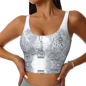 JEJEA Winter Old Cable Skilift Print Sportbeha voor Vrouwen, Yoga Gym Draadloze BH Training, met Verwijderbare Padding, U-Back Ontwerp, Zwart, M