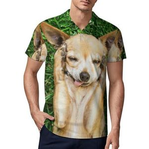 Leuke Chihuahua Groen Gras Heren Golf Polo Shirt Slim-fit T-shirts Korte Mouw Casual Print Tops S