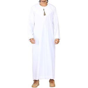 Mens Thobe Jubba islamitische kleding moslim kaftan Emirati Omani gewaad Arabische kwast, Wit-goud, XL