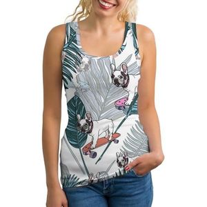 Franse Bulldog Schaatsen Dames Tanktop Mouwloos T-shirt Trui Vest Atletische Basic Shirts Zomer Gedrukt