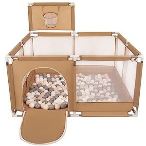 Selonis Square Babybox Met Plastic Ballen, Basketbal, Beige:Pastelbeige/Grijs/Wit,100 Ballen