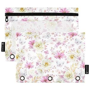 FRODOTGV Roze witte rozen vlinder bloem potlood zakjes voor 3 ringen bindmiddel transparante map zakken rits 3 gaats binder 2 stuks etui